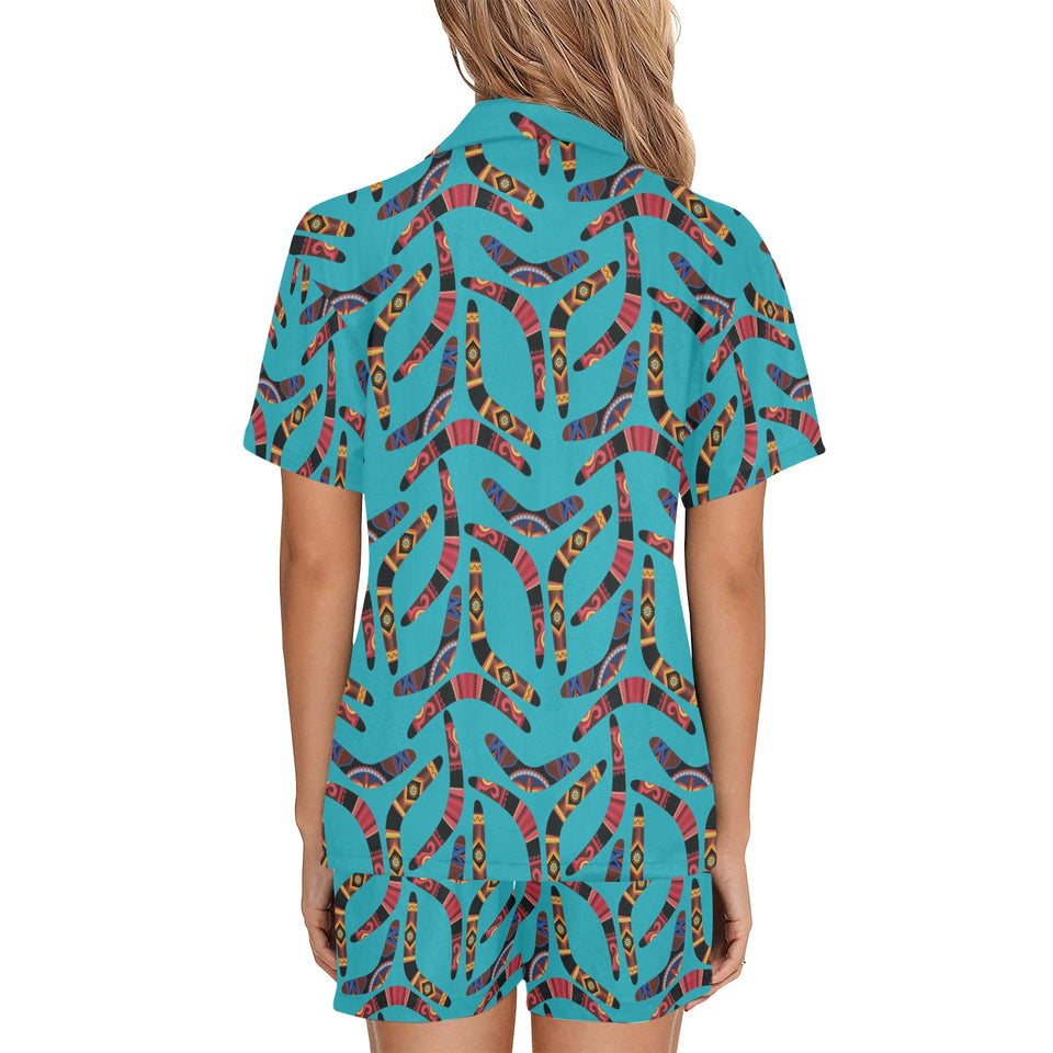 Boomerang Australian aboriginal ornament blue back Women's V-Neck Short Pajama Set