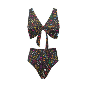 Music Notes Pattern Print Design 02 Chest Bowknot High Waisted Bikini Swimsuit