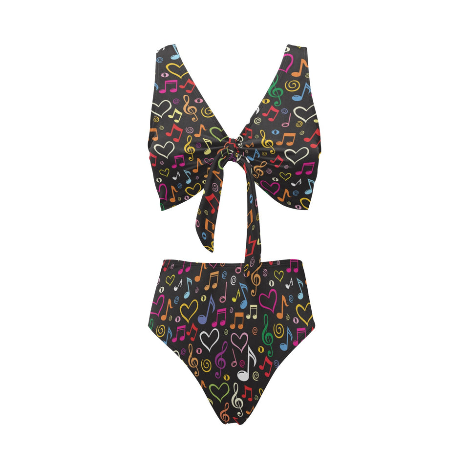 Music Notes Pattern Print Design 02 Chest Bowknot High Waisted Bikini Swimsuit