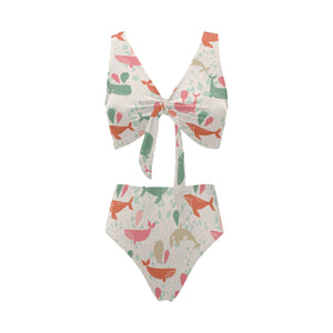 Cute whale pattern Chest Bowknot High Waisted Bikini Swimsuit