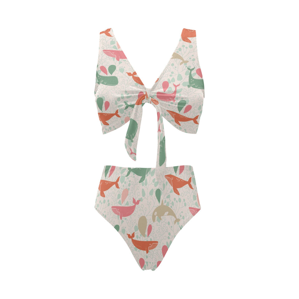 Cute whale pattern Chest Bowknot High Waisted Bikini Swimsuit