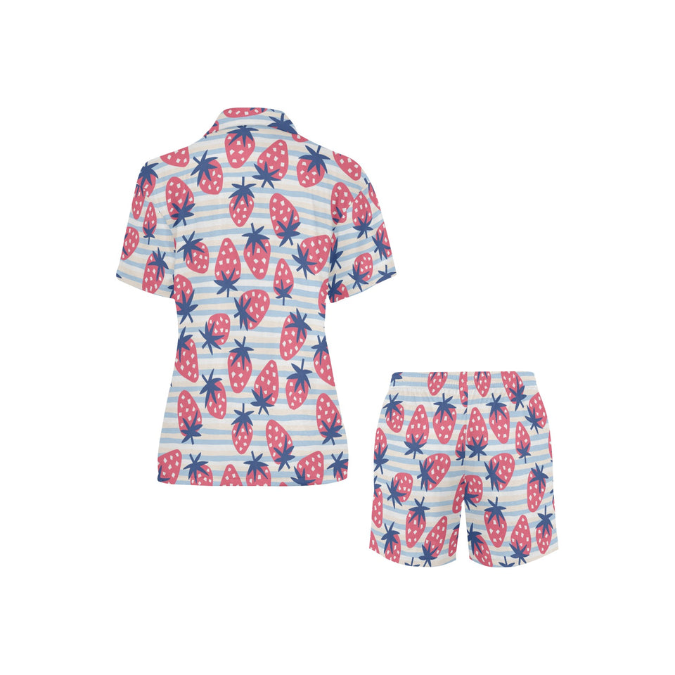 Strawberry pattern blue lines background Women's V-Neck Short Pajama Set