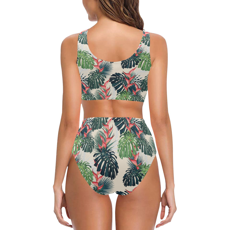 heliconia flowers, palm and monstera leaves Chest Bowknot High Waisted Bikini Swimsuit