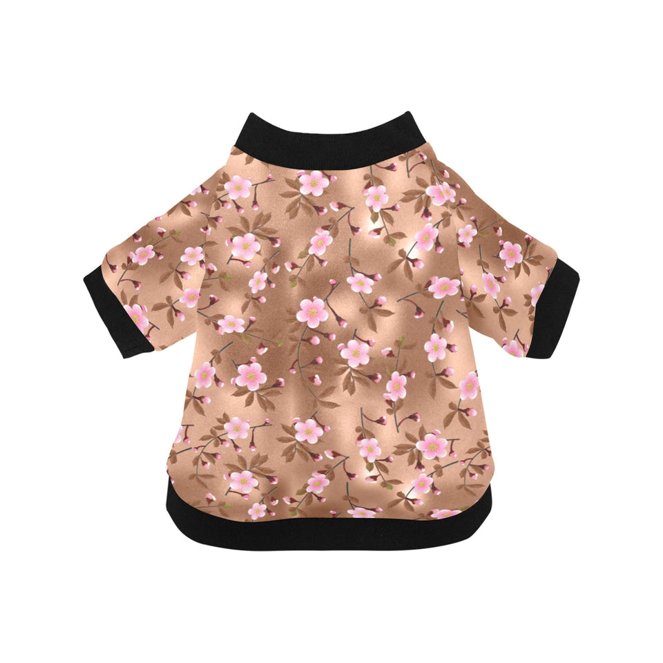 Pink sakura cherry blossom drak brown background All Over Print Pet Dog Round Neck Fuzzy Shirt