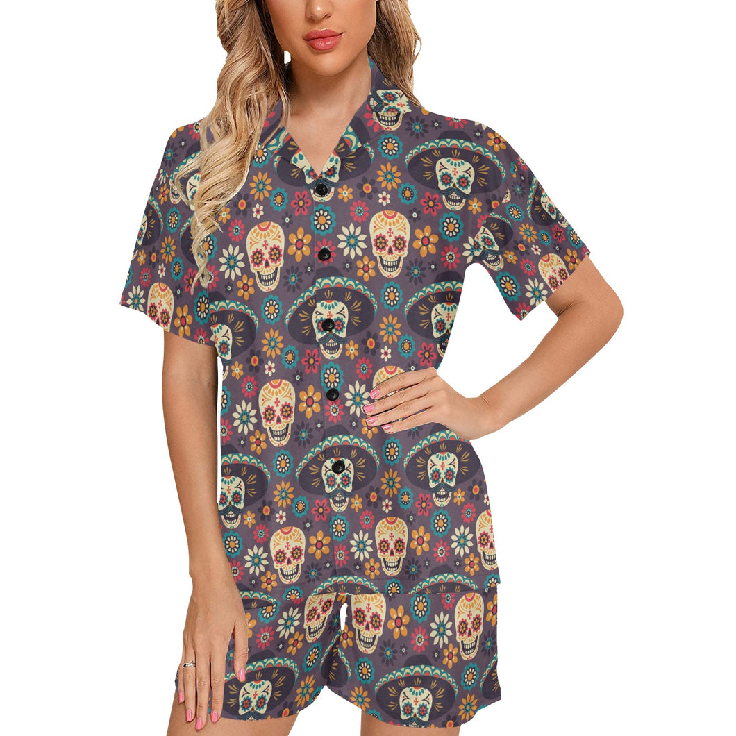 Sugar skulls flower maxican pattern Women's V-Neck Short Pajama Set