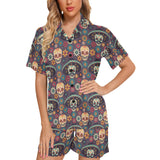 Sugar skulls flower maxican pattern Women's V-Neck Short Pajama Set