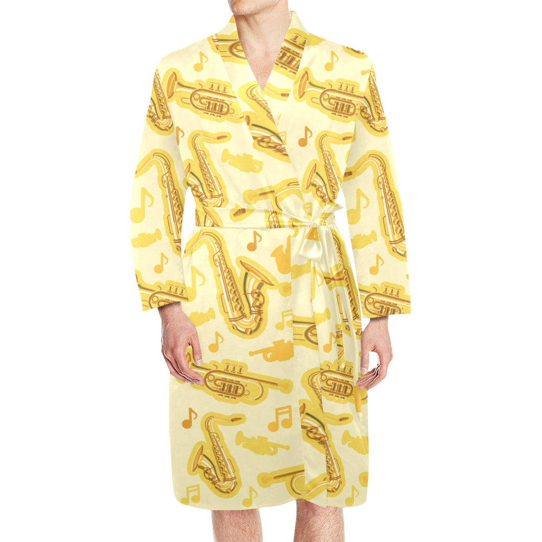 Saxophone cornet pattern yellow background Men's Long Sleeve Belted Night Robe