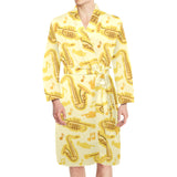 Saxophone cornet pattern yellow background Men's Long Sleeve Belted Night Robe