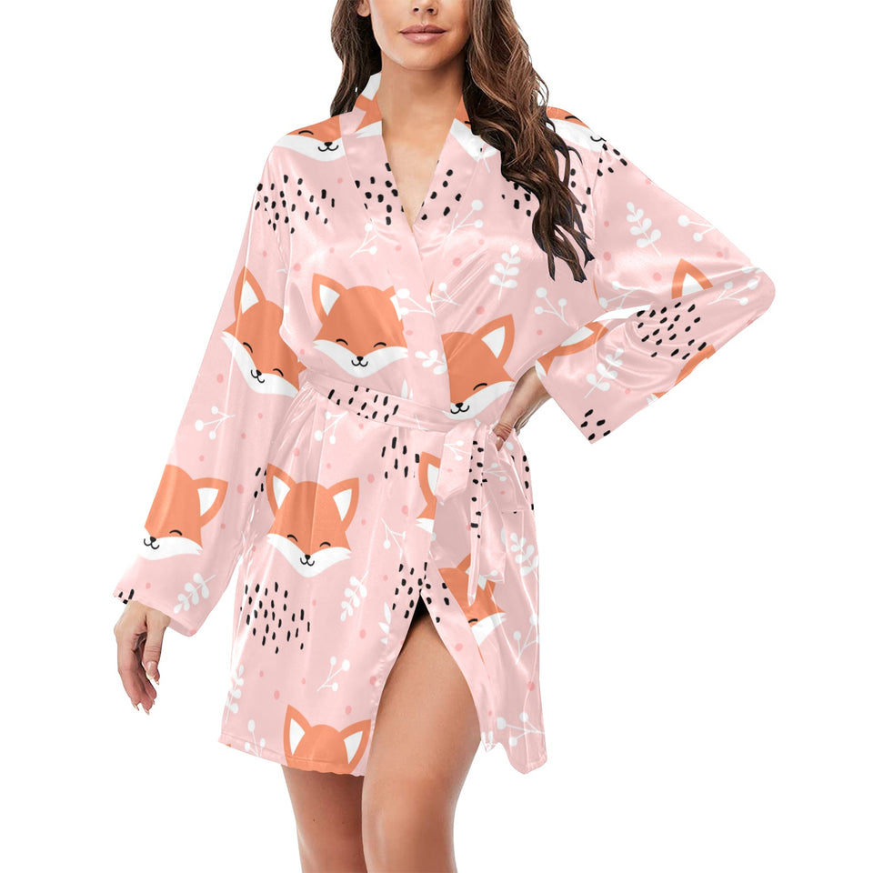 Cute fox pattern pink background Women's Long Sleeve Belted Night Robe