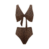 coffee bean pattern Chest Bowknot High Waisted Bikini Swimsuit