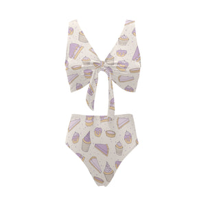 Cakes pies tarts muffins and eclairs purple bluebe Chest Bowknot High Waisted Bikini Swimsuit