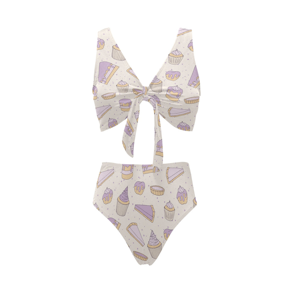 Cakes pies tarts muffins and eclairs purple bluebe Chest Bowknot High Waisted Bikini Swimsuit