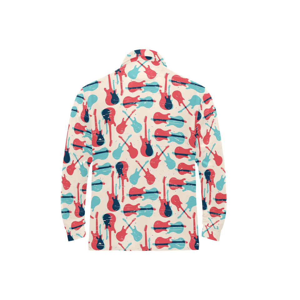 Red Blue guitar pattern Men's Long Sleeve Polo Shirt