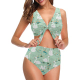 White swan lake pattern Chest Bowknot High Waisted Bikini Swimsuit