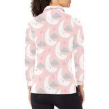 Cute moon cloud star pattern pink dot background Women's Long Sleeve Polo Shirt