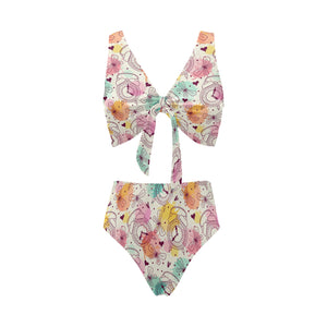 Clock butterfly pattern Chest Bowknot High Waisted Bikini Swimsuit