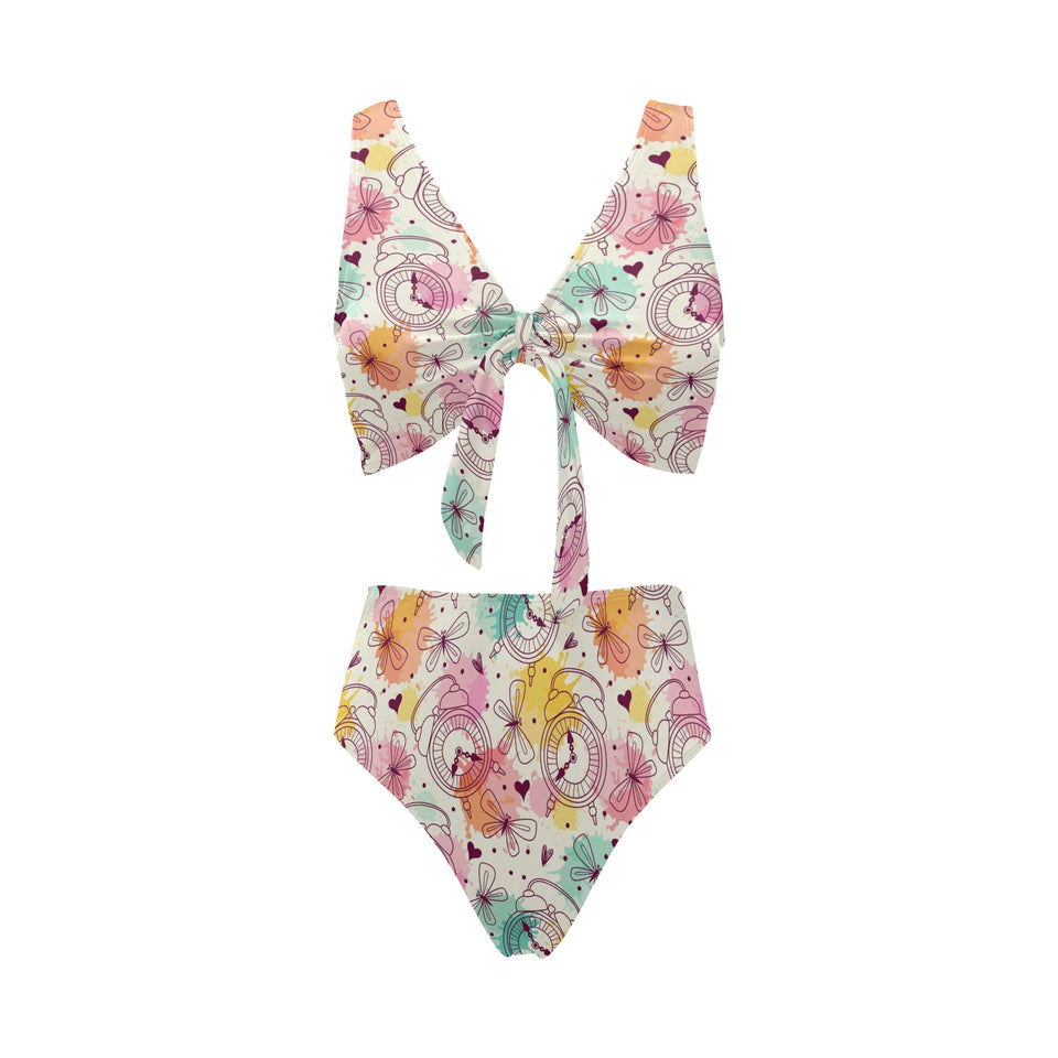 Clock butterfly pattern Chest Bowknot High Waisted Bikini Swimsuit