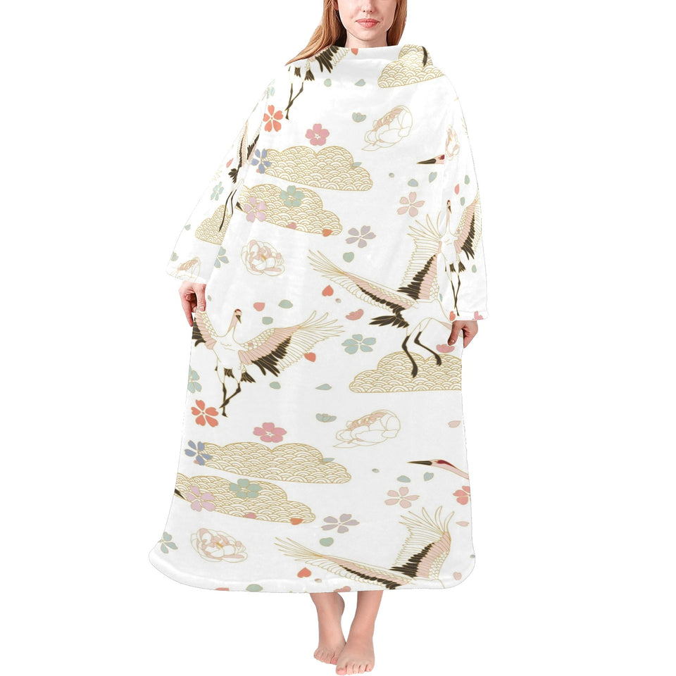 Beautiful Japanese cranes pattern Blanket Robe with Sleeves