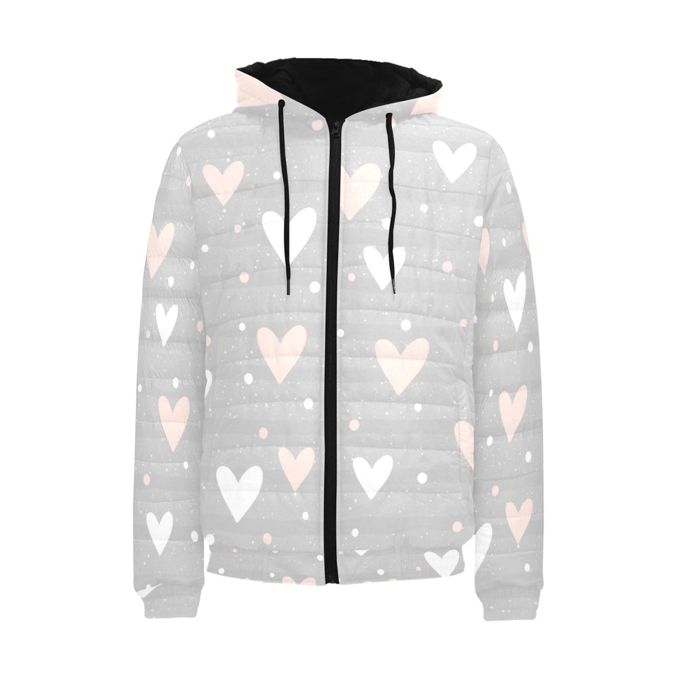 Heart pattern gray background Men's Padded Hooded Jacket