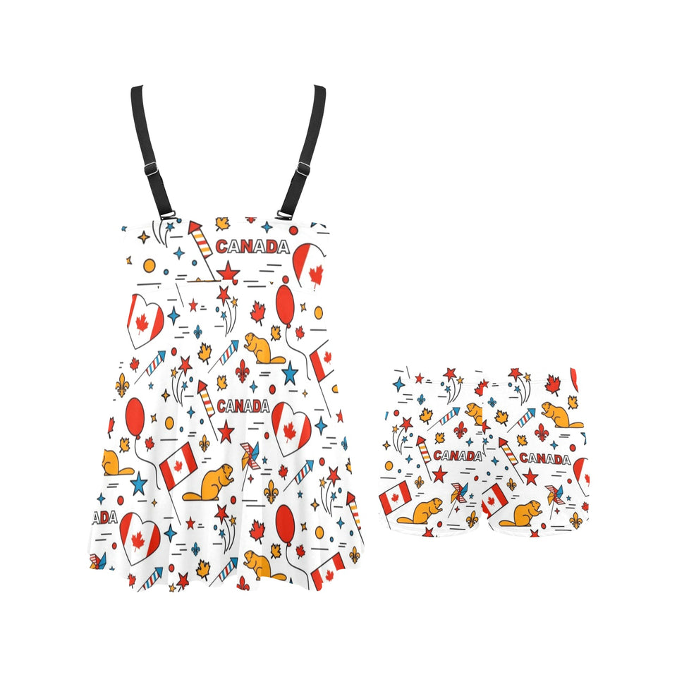 Canada Pattern Print Design 03 Chest Sexy Pleated Two Piece Swim Dress