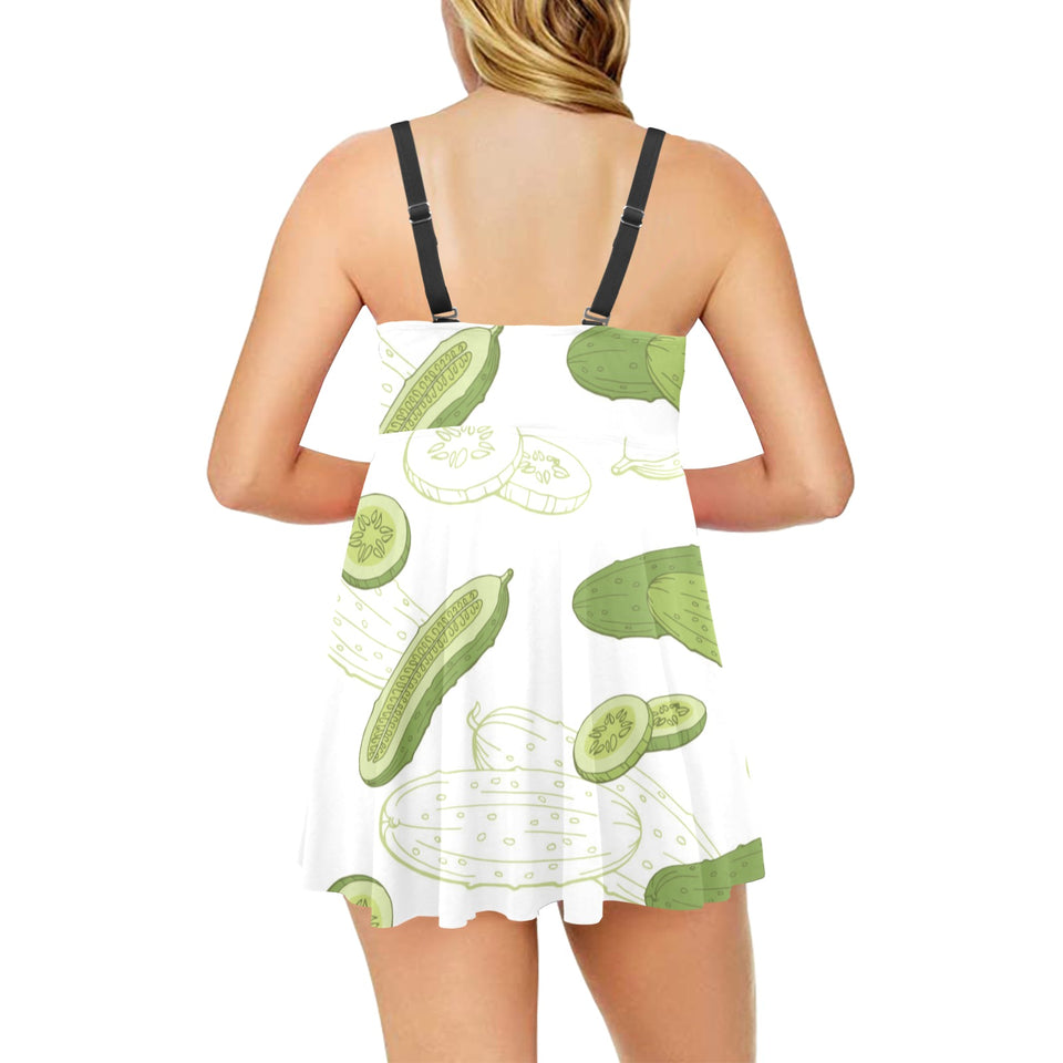 Cucumber sketch pattern Chest Sexy Pleated Two Piece Swim Dress