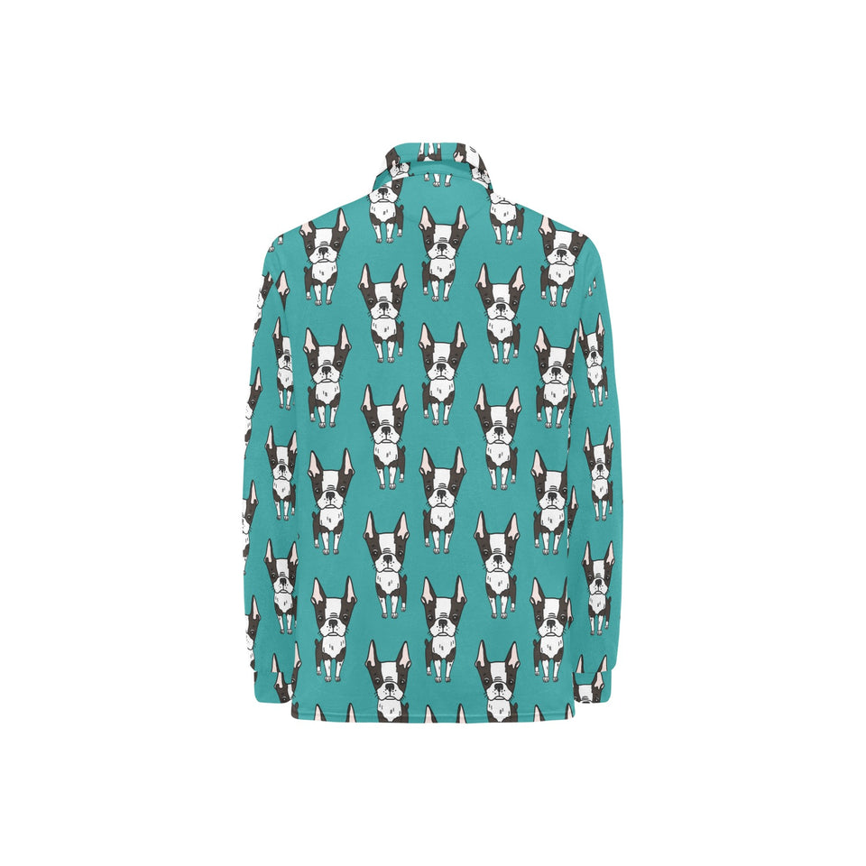 Hand drawn boston terrier dog pattern Women's Long Sleeve Polo Shirt
