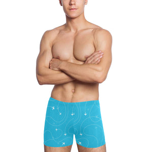 Airplane destinations blue background Men's Swimming Trunks