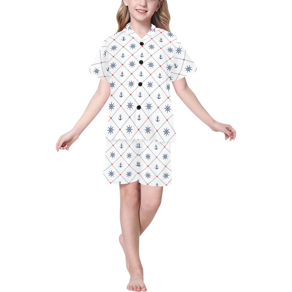 Anchor rudder nautical design pattern Kids' Boys' Girls' V-Neck Short Pajama Set