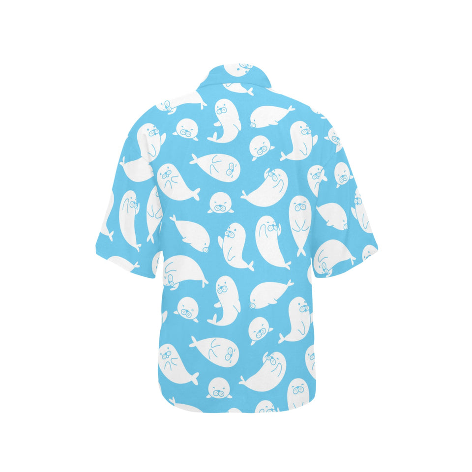 Cute white sea lion seals pattern Women's All Over Print Hawaiian Shirt