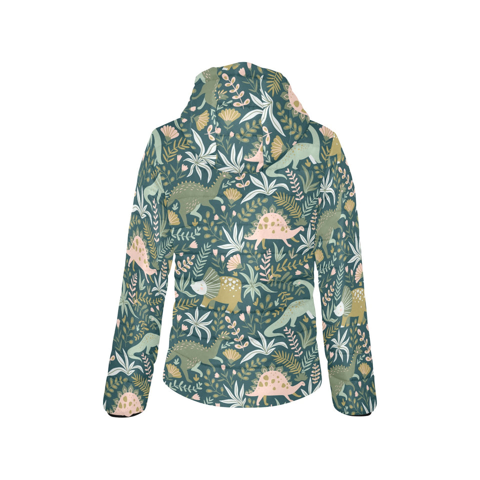 dinosaurs tropical leaves flower pattern Women's Padded Hooded Jacket