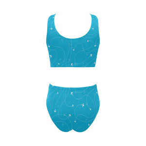 Airplane destinations blue background Chest Bowknot High Waisted Bikini Swimsuit