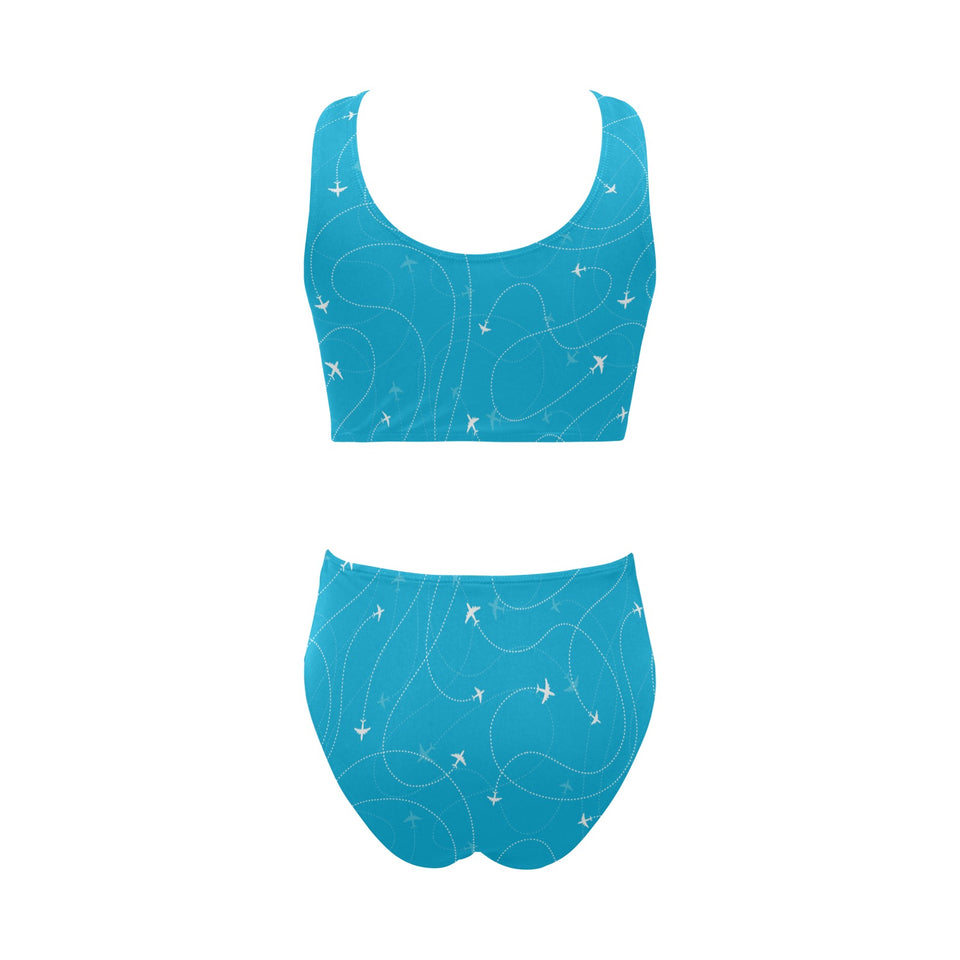Airplane destinations blue background Chest Bowknot High Waisted Bikini Swimsuit