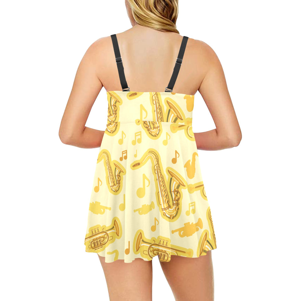Saxophone cornet pattern yellow background Chest Sexy Pleated Two Piece Swim Dress