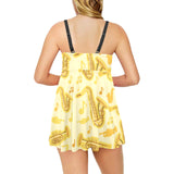 Saxophone cornet pattern yellow background Chest Sexy Pleated Two Piece Swim Dress
