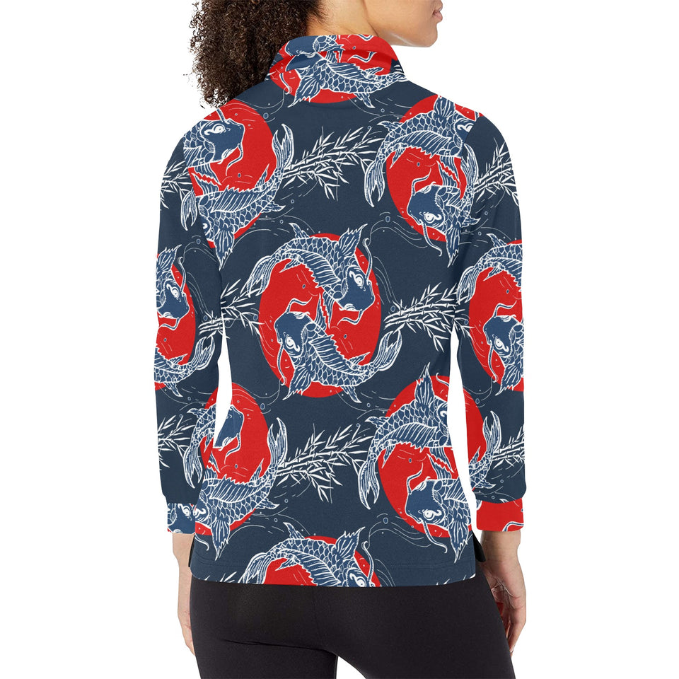 Koi Fish Carp Fishs hand drawn japanese art Women's Long Sleeve Polo Shirt