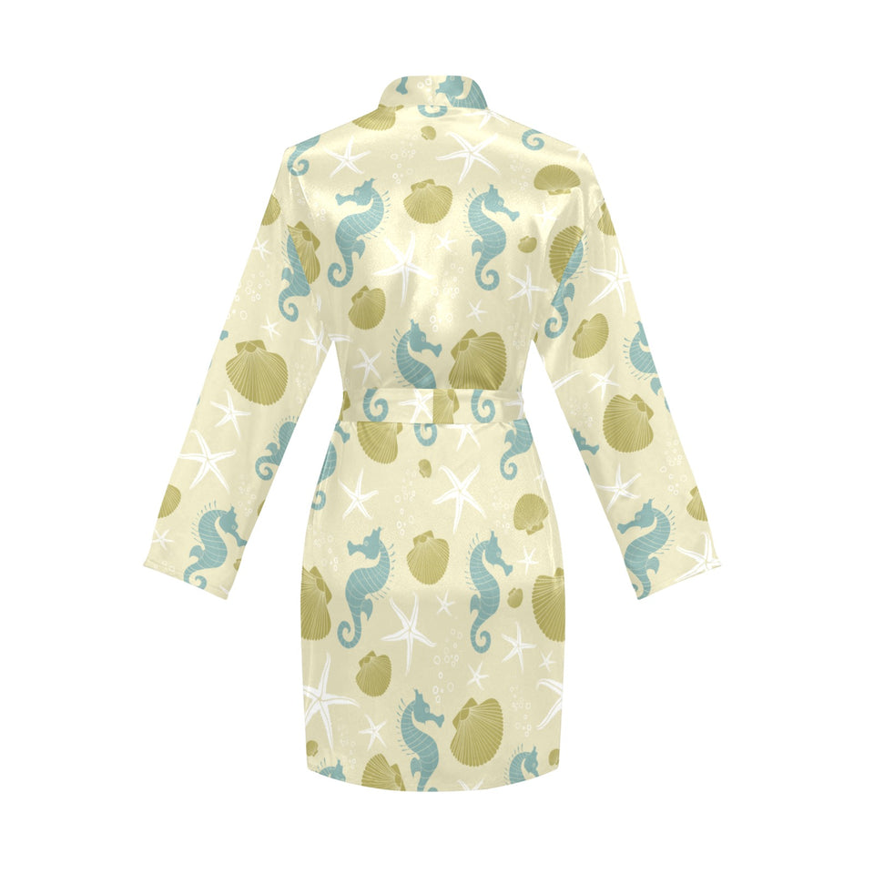 Seahorse shell starfish pattern background Women's Long Sleeve Belted Night Robe