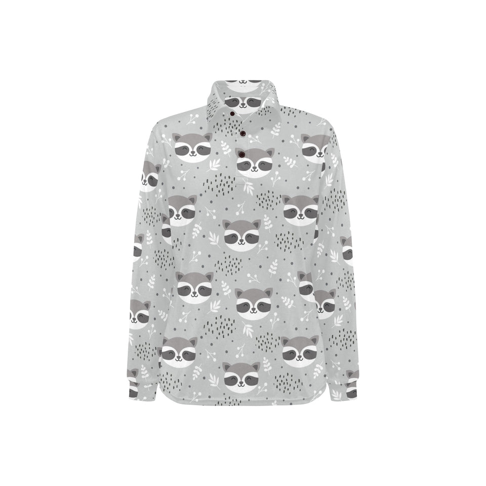 Cute raccoons leaves dot Women's Long Sleeve Polo Shirt