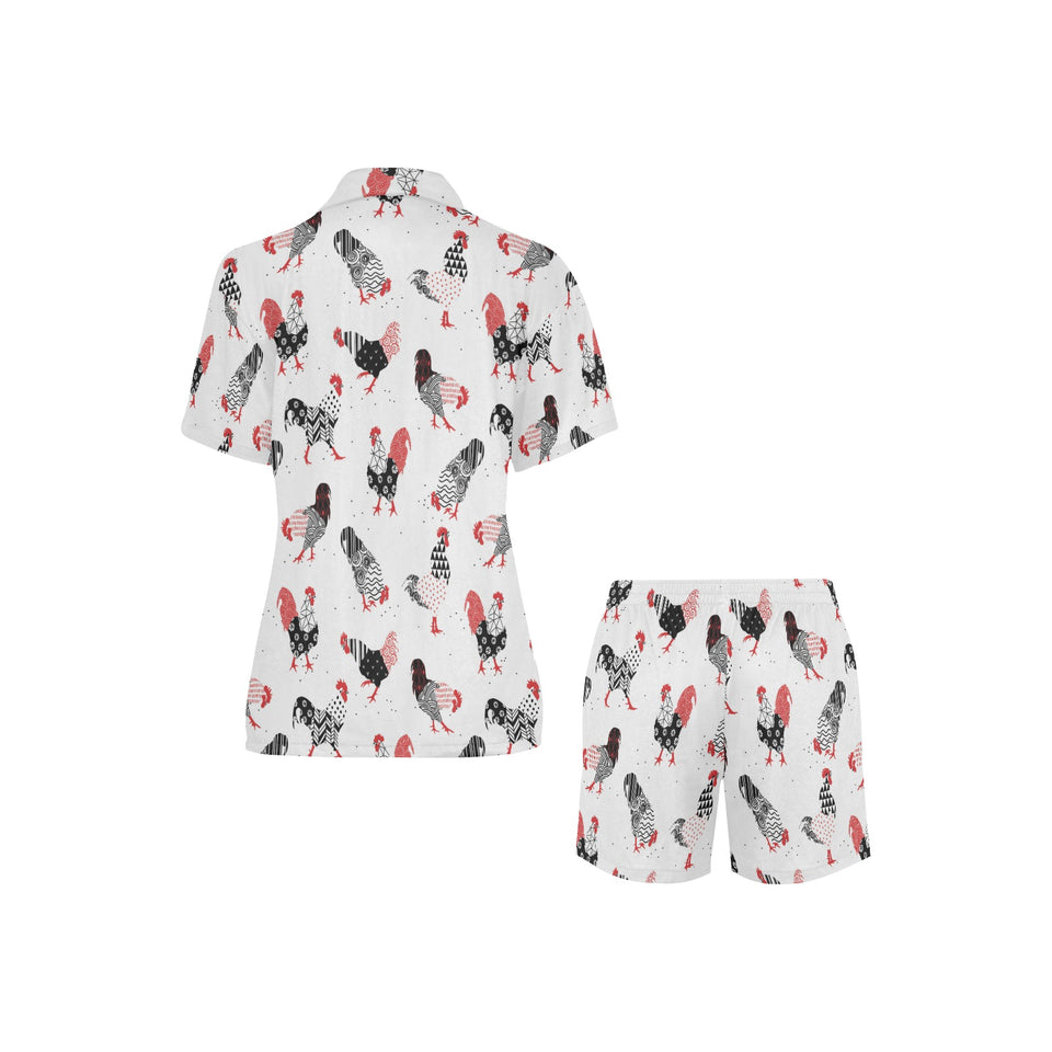 Cool rooster chicken cock floral ornament backgrou Women's V-Neck Short Pajama Set