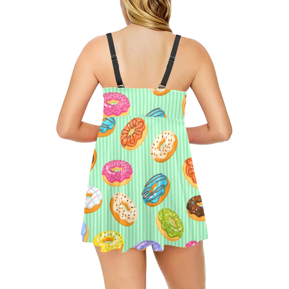 Colorful donut pattern green background Chest Sexy Pleated Two Piece Swim Dress
