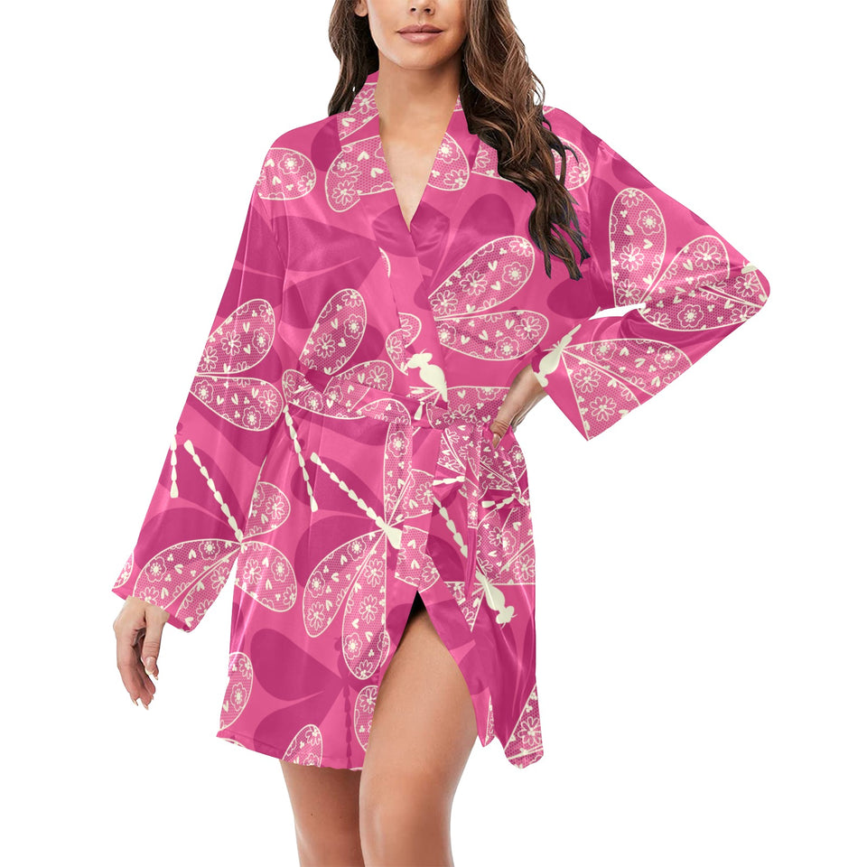 Beautiful dragonfly pink background Women's Long Sleeve Belted Night Robe