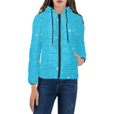 Airplane destinations blue background Women's Padded Hooded Jacket