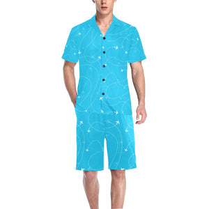 Airplane destinations blue background Men's V-Neck Short Pajama Set