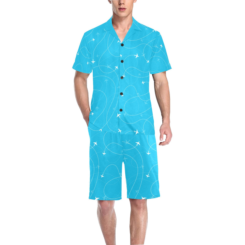 Airplane destinations blue background Men's V-Neck Short Pajama Set