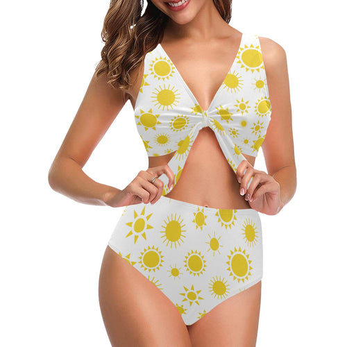 Sun pattern Chest Bowknot High Waisted Bikini Swimsuit