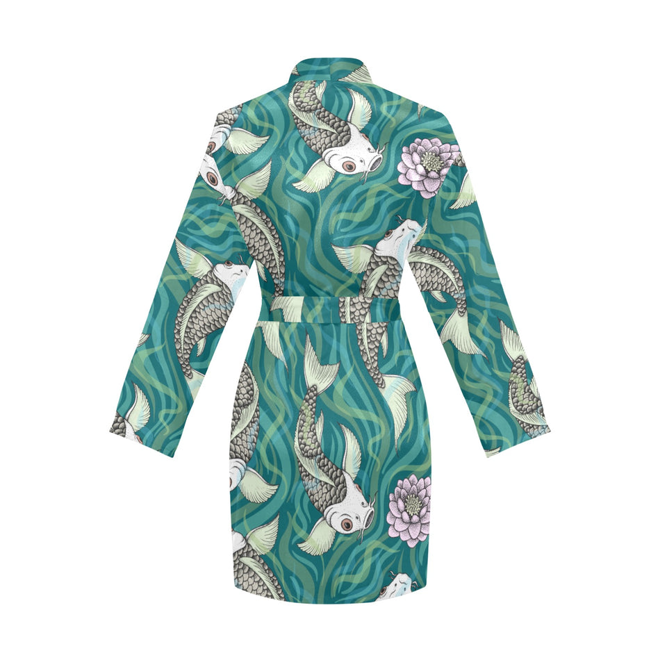 Koi Fish Carp Fish lotus pattern Women's Long Sleeve Belted Night Robe