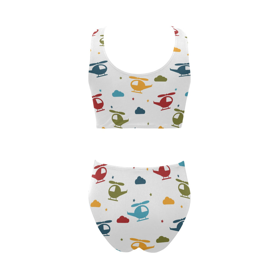Colorful helicopter pattern Chest Bowknot High Waisted Bikini Swimsuit