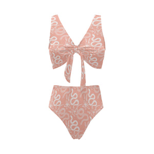 Snake lilies flower pattern Chest Bowknot High Waisted Bikini Swimsuit