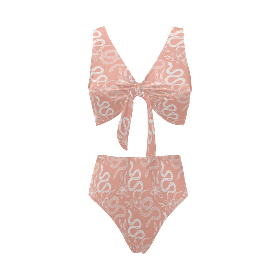 Snake lilies flower pattern Chest Bowknot High Waisted Bikini Swimsuit