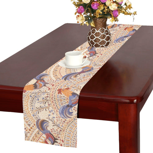 Cute rooster chicken cock floral ornament backgrou Table Runner