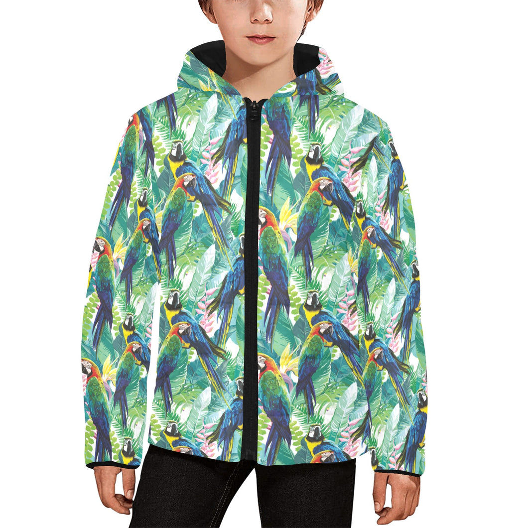 Colorful parrot exotic flower leaves Kids' Boys' Girls' Padded Hooded Jacket